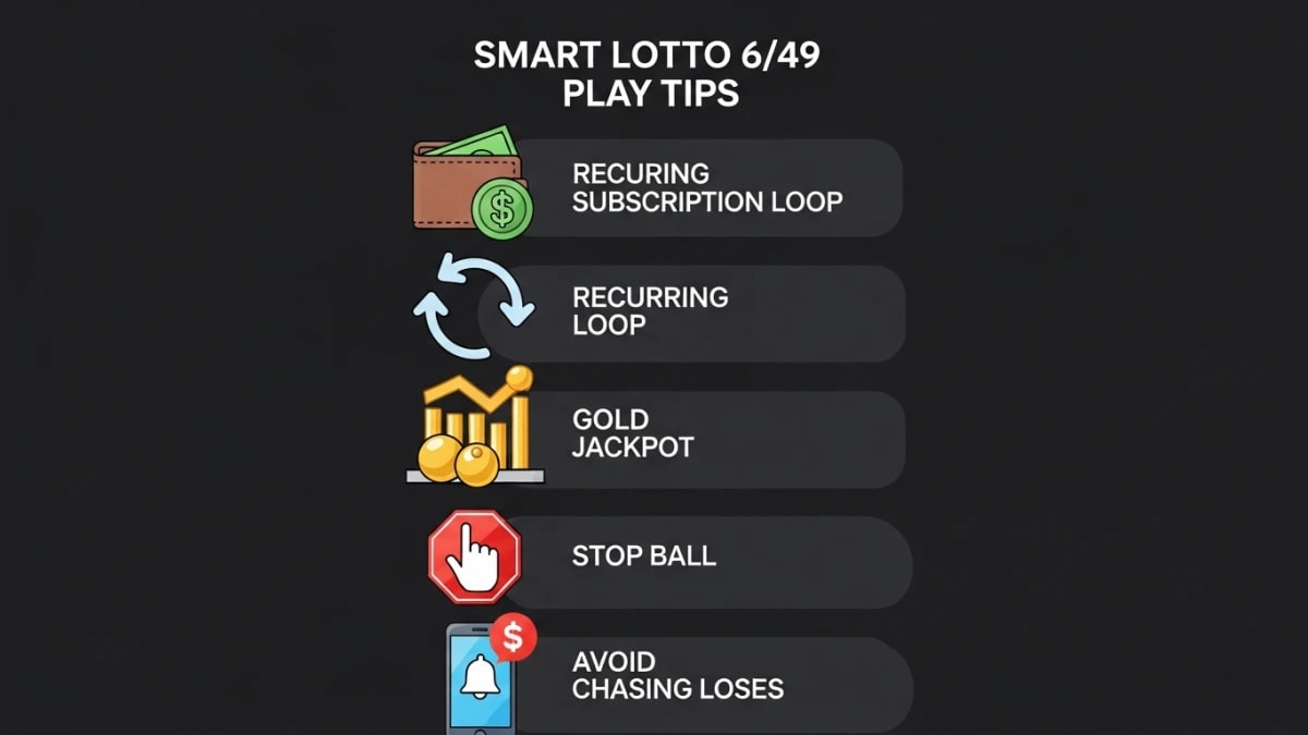 Lotto 6/49 smart play tips — illustrated checklist showing budget, subscriptions, and notification reminders